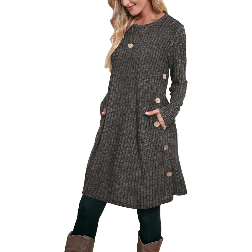 Ofeefan Women's Ribbed Grey Crew Neck Long Sleeve Cozy Winter Tunic Dress